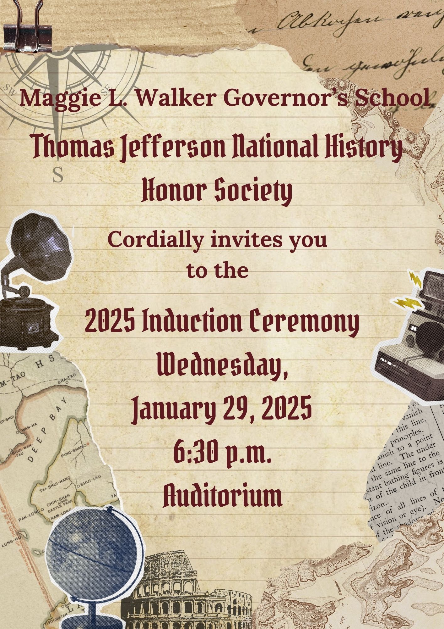 TJ National History Honor Society induction ceremony is on Wednesday, January 29th at 6:30 p.m.