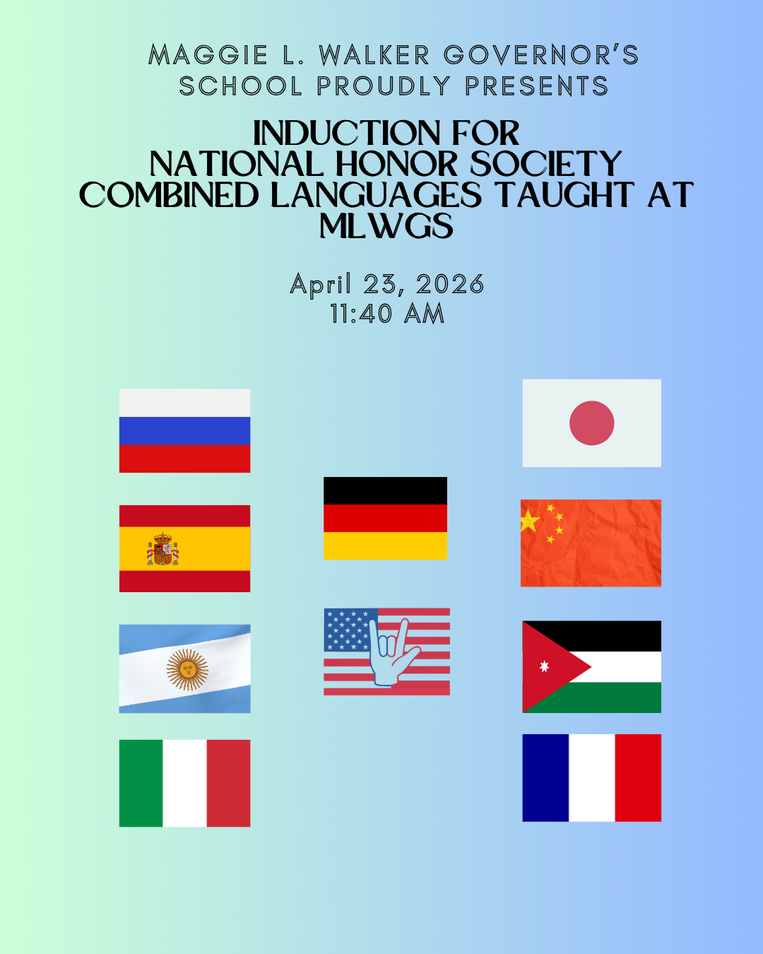 Combined induction ceremony for all MLWGS International Language Honor Societies, Thursday, April 23